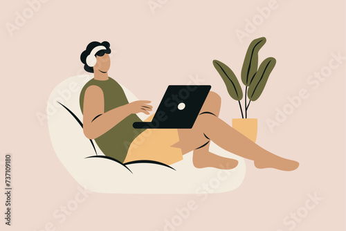 Introverted Man Playing Game Vector Illustration