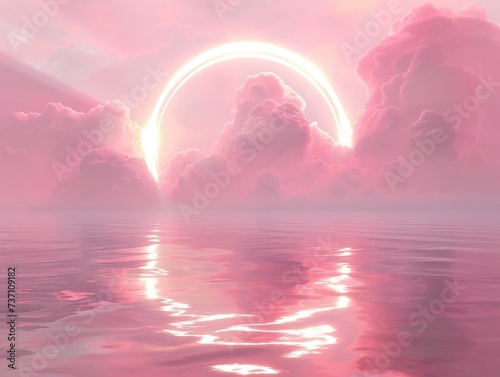 Glowing halo over calm waters amidst a dreamy pink cloudscape