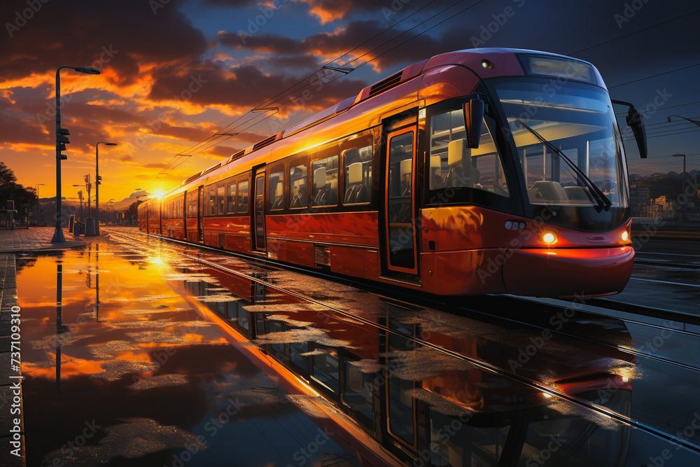 Modern tram and sunset, generative ai