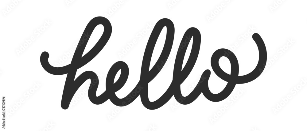 Hello. Calligraphic Handwritten greeting text. Inscription with smooth lines. Isolated on white background. Vector template for greeting card, banner, postcard, invitation, party, poster, sticker Hello. Calligraphic Handwritten greeting text. Inscription with smooth lines. Isolated on white background. Vector template for greeting card, banner, postcard, invitation, party, poster, sticker