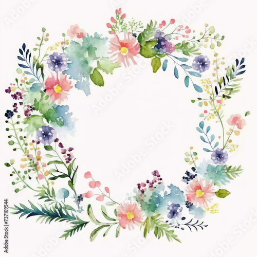 Wreath made with wildflowers painted on white watercolor paper. Floral frame. Generative Ai.