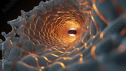 Biological macrophotography: Inside body, tunnel of nano textures and arrays in close up with little spheres and  black background, realistic and detailed