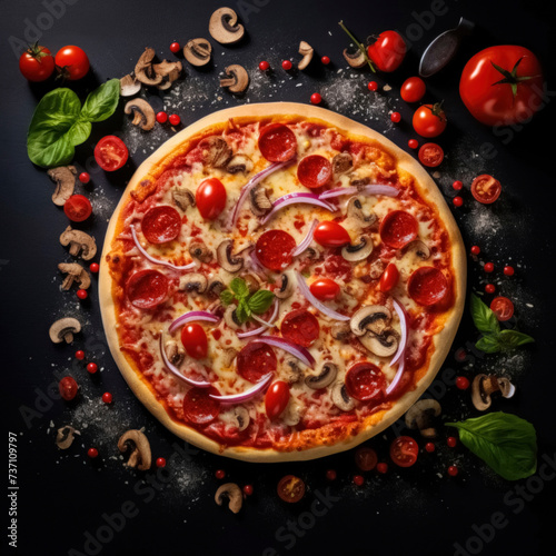 pizza with mushrooms, tomatoes and onion