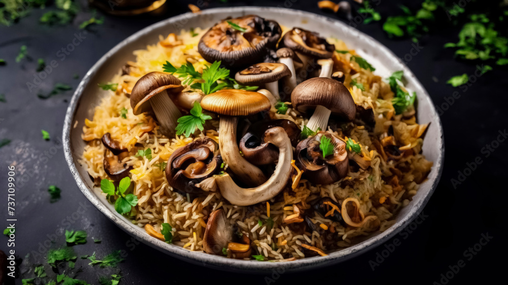 Fototapeta premium plate of rice with mushrooms and parsley