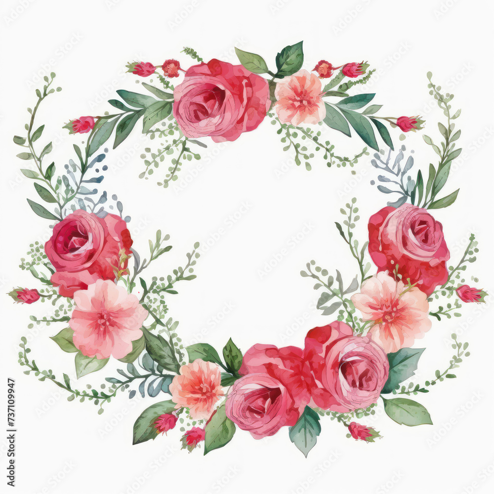 Watercolor wreath made with pink rose flowers. Realistic floral illustration. Generative Ai.