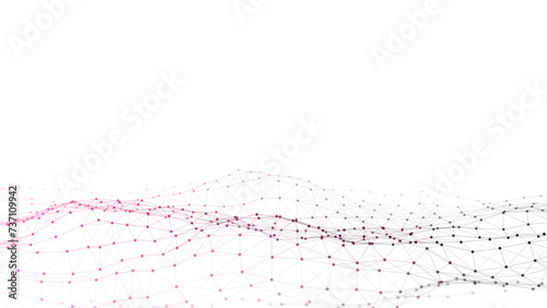 Dark cyberspace in digital background. Abstract vector technology wave with motion glowing dots and lines. Connection big data. Futuristic wireframe texture. Analysis a network connection.