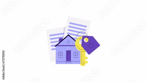 Buy new house concept animation. House Loan, Rent and Mortgage. sell and buy property, sign legal documents, invoice, contract. Building, keys and papers. Cartoon style animated footage