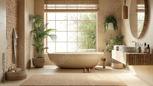 Calming bathroom with a Japanese style soaking tub. Generative ai