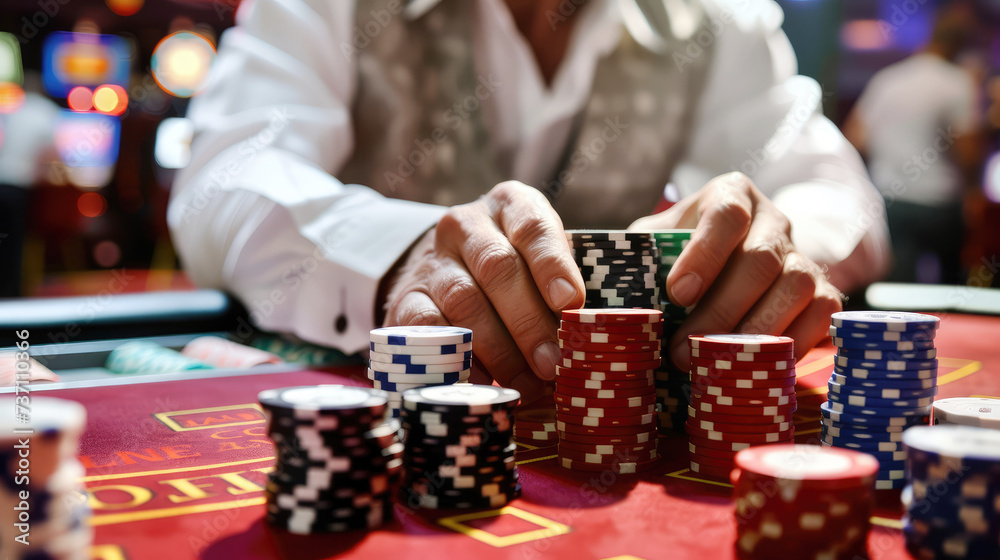 male hands holding chips at a table in a casino, playing poker close-up