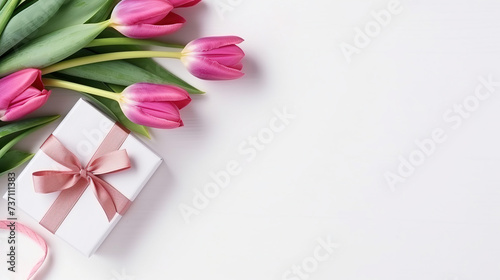 Pink flowers tulips on white spring background with gift box, mock up.Generative AI © Stanislava
