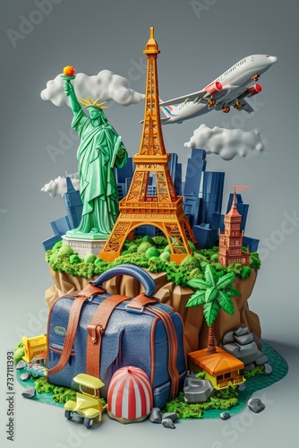 The concept of a round-the-world trip with luggage. A city on an island . 3d illustration