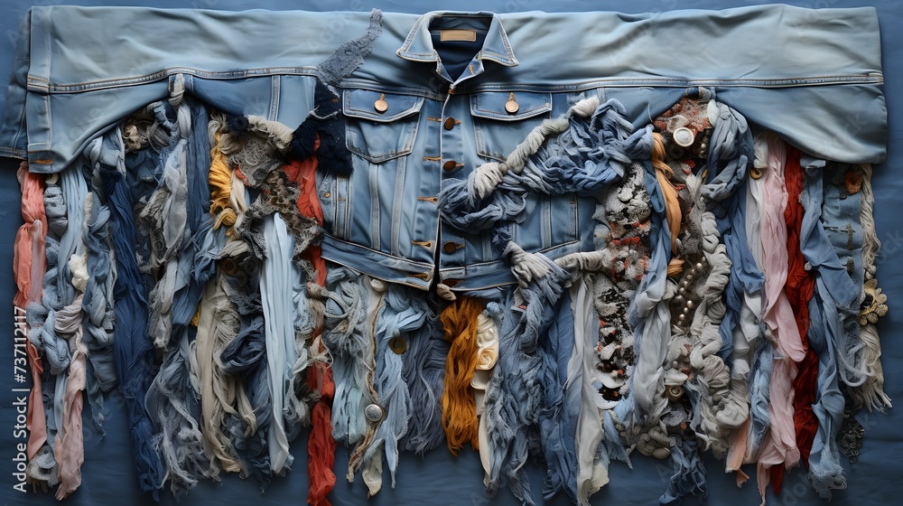 Recycling Old Jeans, Denim Upcycling Ideas, Repurposing Reusing Old Jeans cloth. Close up of recycled customized denim jackets