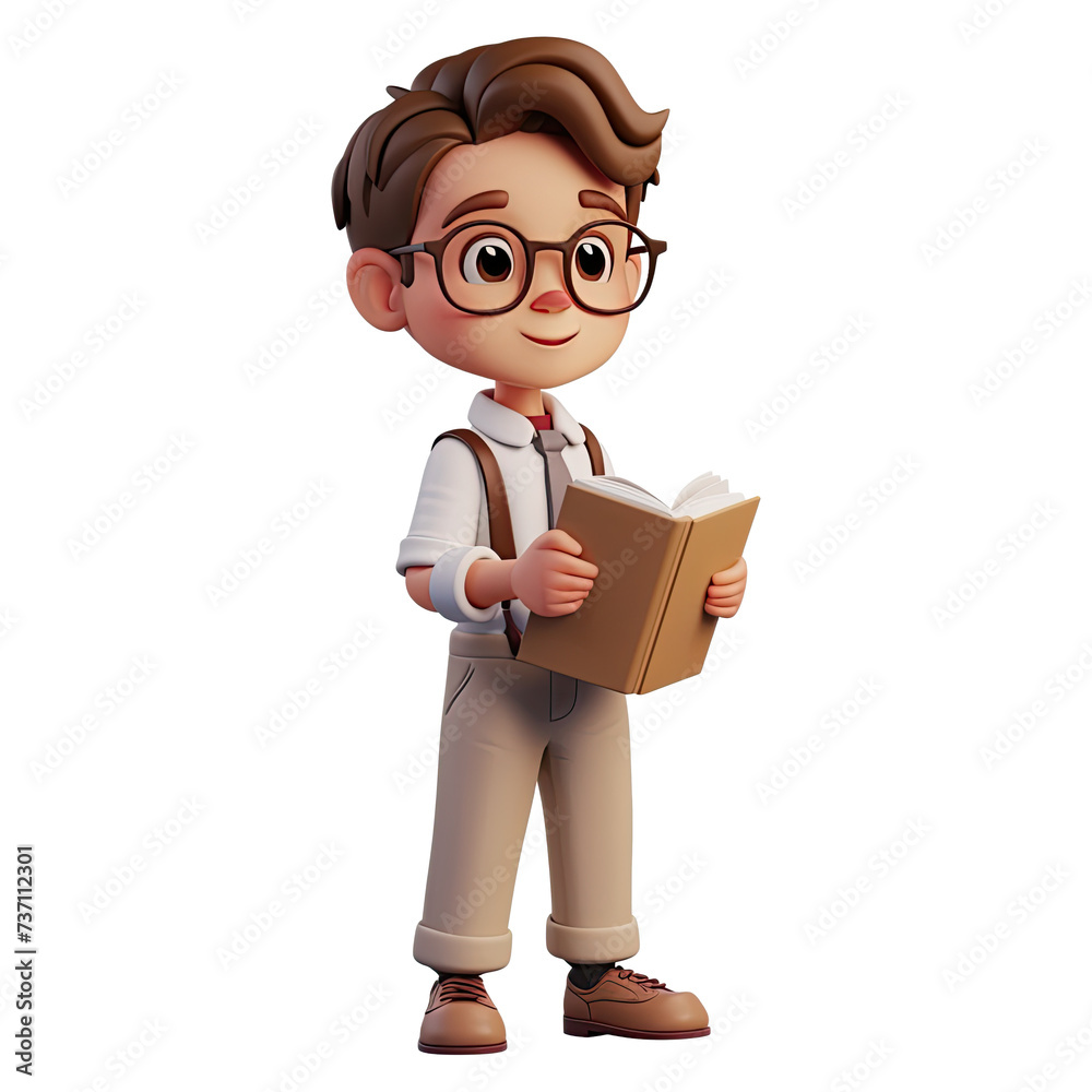 3D Cute cartoon male teacher character on transparent background.