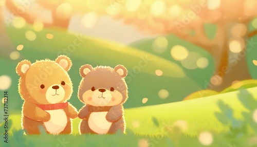 Two happy cute teddy bear toys walking in beautiful springtime park. Japanese anime style, warm colours.