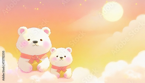 Two cute teddy bear toys sitting on a fluffy cloud in the sky. Background with copyspace, Japanese anime style, warm colours.