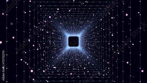 Futuristic vector sci-fi circle portal in space. 3D ai tunnel with dots and lines. Abstract digital wormhole data. Flow particle by funnel. Fantasy circle vortex on dark background.