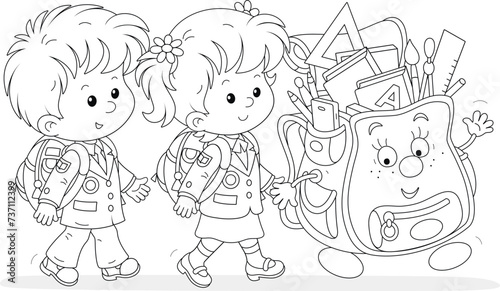 Happy little schoolchildren and their funny friend cartoony schoolbag happily going to school for start of classes, black and white outline vector illustration for a coloring book