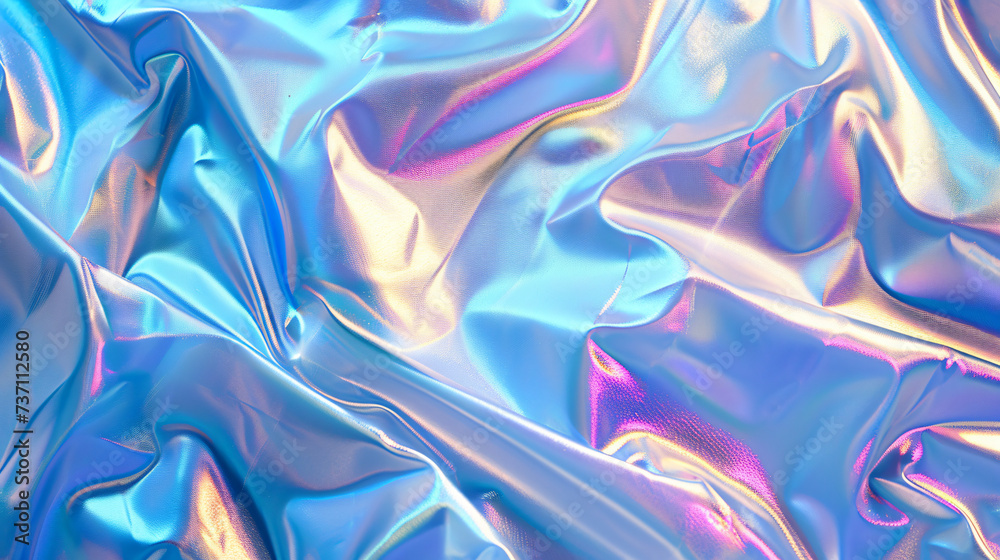 Fototapeta premium Blurred Holography abstract background in blue pink colors. Holographic color wrinkled pearlescent foil. Holographic iridescent rainbow fabric abstract background