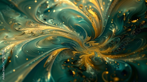 An elegant, fluid abstract pattern in shades of teal and golden yellow, suggesting a balance of nature and opulence.