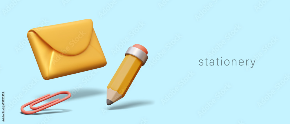 Advertising stationery. 3D pencil, paper clip, yellow envelope Advertising stationery. 3D pencil, paper clip, yellow envelope