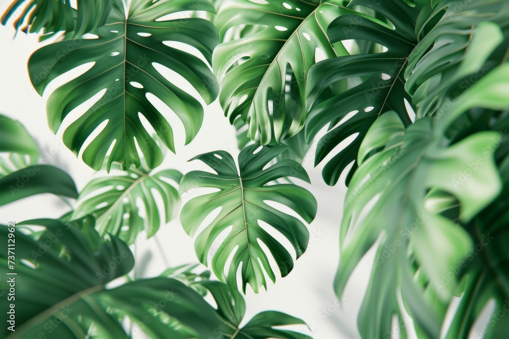 Lush green monstera leaves against a white background, tropical foliage, natural pattern. Lush green monstera leaves against a white background, tropical foliage, natural pattern.