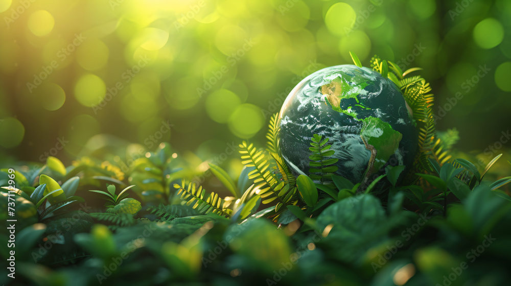 Earth globe with green leaves and plants in nature. Environment and conservation concept. International Mother Earth Day. Environmental problems and protection. Caring for nature Earth globe with green leaves and plants in nature. Environment and conservation concept. International Mother Earth Day. Environmental problems and protection. Caring for nature