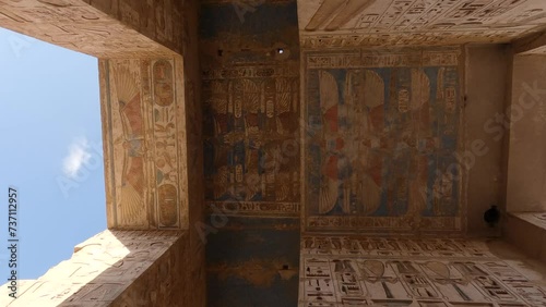 Ancient painted ceilling from Medinet habu Tempte in Luxor, Low angle view photo