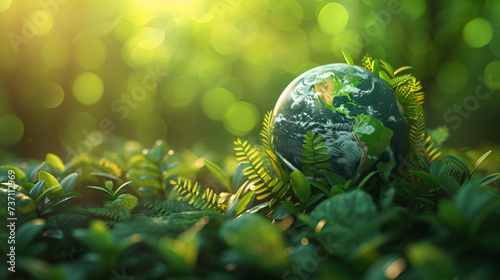 Earth globe with green leaves and plants in nature. Environment and conservation concept. International Mother Earth Day. Environmental problems and protection. Caring for nature