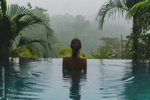Mountain Oasis: Woman Relaxing in Resort Pool Surrounded by Tropical Scenery © Murda