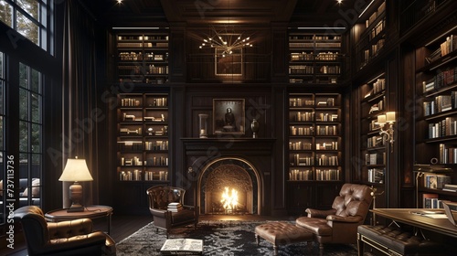 A cozy library scene with a fireplace and a bookshelf filled with books, perfect for a quiet evening or a monthly book club meeting. Generative AI