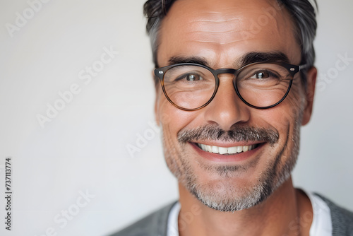 Closeup portrait of handsome man wearing eyeglass. Elegant man in glasses. Optics style for men
