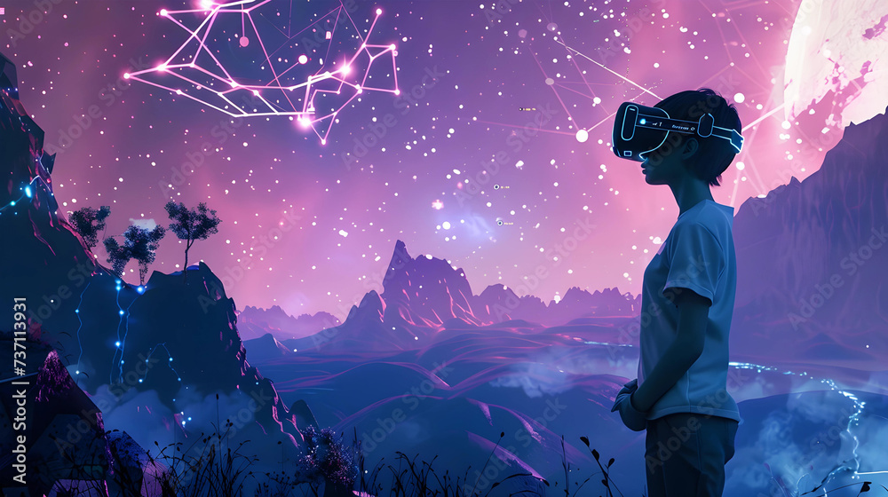Naklejka premium A person immersed in a virtual reality simulation of a mystical, neon-lit landscape with constellations and a mountainous backdrop.