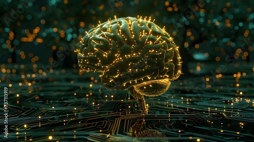 Golden digital brain on a c...