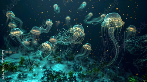 A swarm of jellyfish with glowing tentacles drifts through the dark ocean, creating a mesmerizing scene of underwater bioluminescence. © doraclub