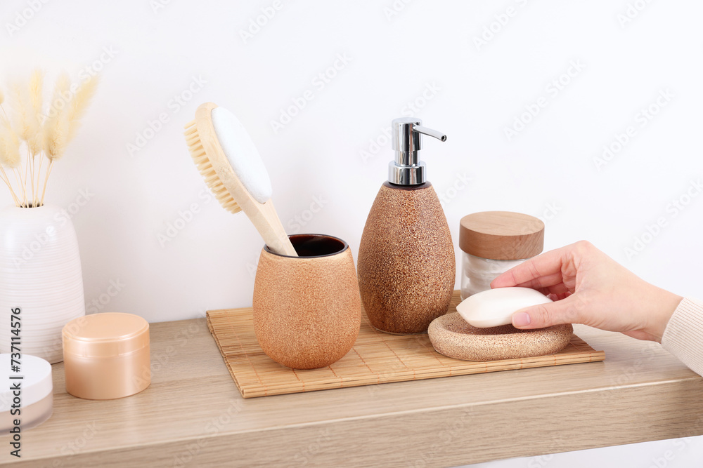 Bath accessories. Woman with soap indoors, closeup Bath accessories. Woman with soap indoors, closeup