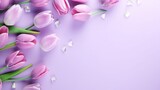 Lilac flowers tulips on pink spring background,women's day,mock up.Generative AI