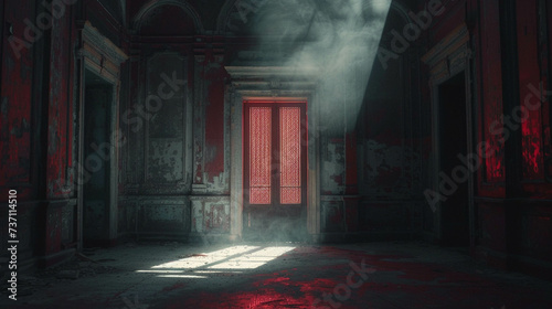 A room veiled in darkness is interrupted by a shimmering portal at its center offering a glimpse into another realm-2
