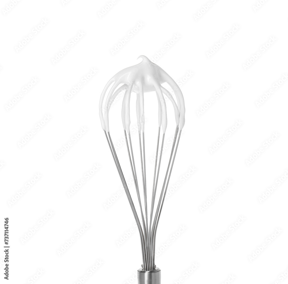 Whisk with whipped cream isolated on white Whisk with whipped cream isolated on white