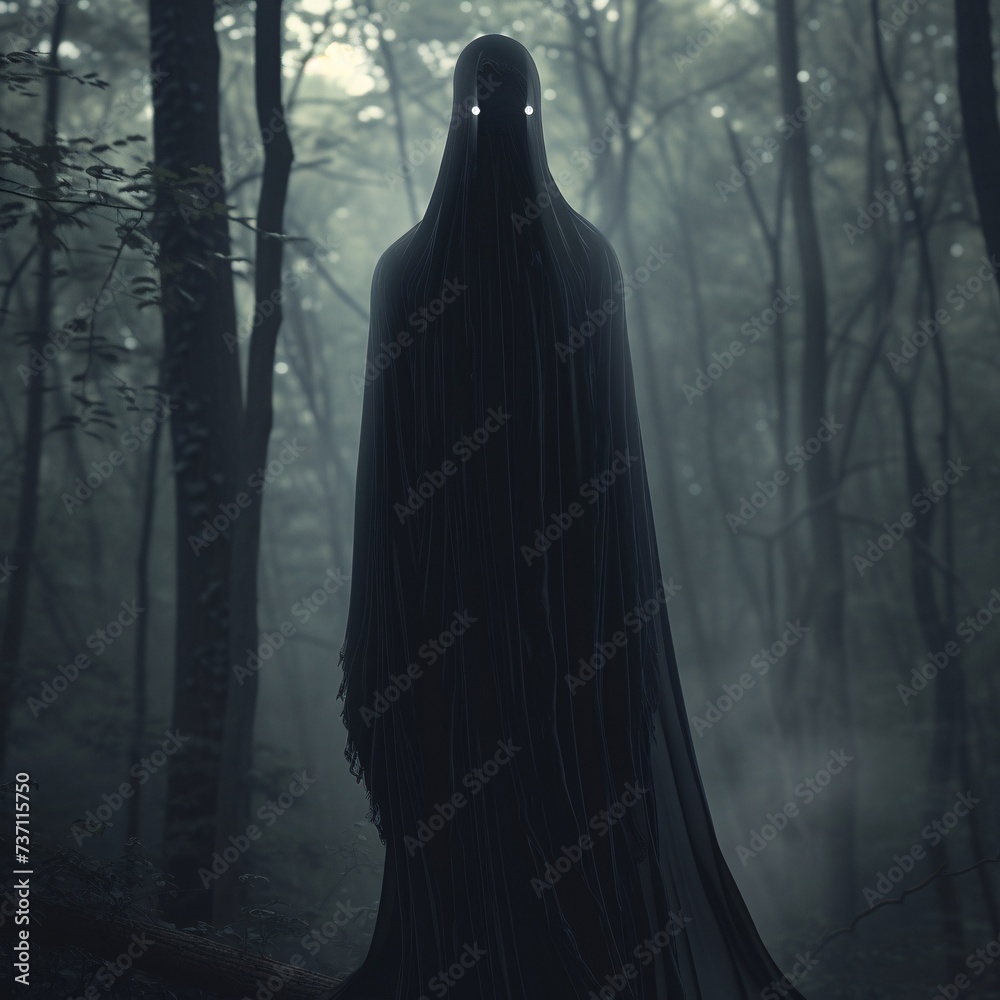 Ghostly Figure in the Woods A Halloween-Inspired Scene Generative AI Ghostly Figure in the Woods A Halloween-Inspired Scene Generative AI