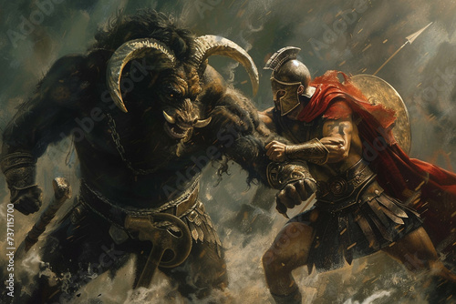 Illustrate a minotaur in the midst of a dramatic battle with a heroic Greek warrior-2 © 1st footage