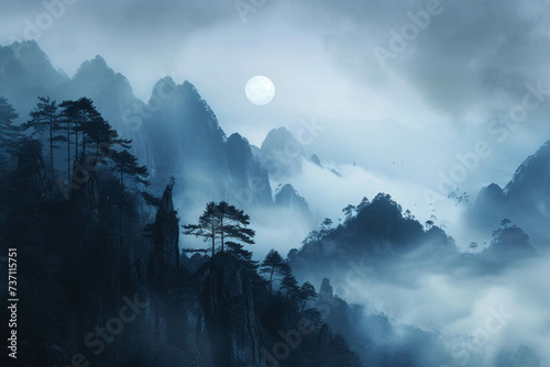 Illustrating the tranquility of misty mountains in the early morning photo