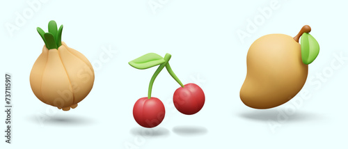 3D onion, cherry, mango in cartoon style. Set of colored vector illustrations