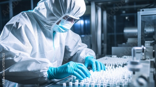 A researcher, a pharmacist wearing a white protective suit and mask, is working on the manufacture of tablets in sterile conditions in a modern pharmaceutical factory. Medicine, Science, Healthcare.
