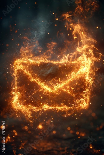 A burning postal envelope on a black background. Illustration