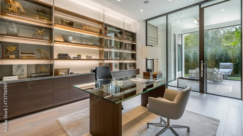 Contemporary home office with glass desk ergonomic. Generative ai, 