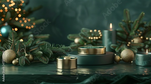 Christmas; winter podium for product display. Mockup dark green theme