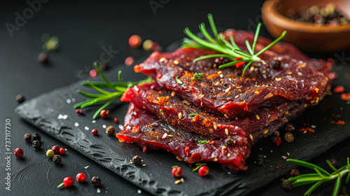 Jerky is strips of lean trimmed meat that have been cut and dehydrated to avoid spoilage, food content, spice 