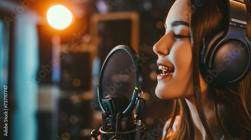 beautiful young woman sings into a microphone in a recording studio, singer, music, song, performance, hobby, voice, sound, show, girl, portrait, label, announcer, speaker photo