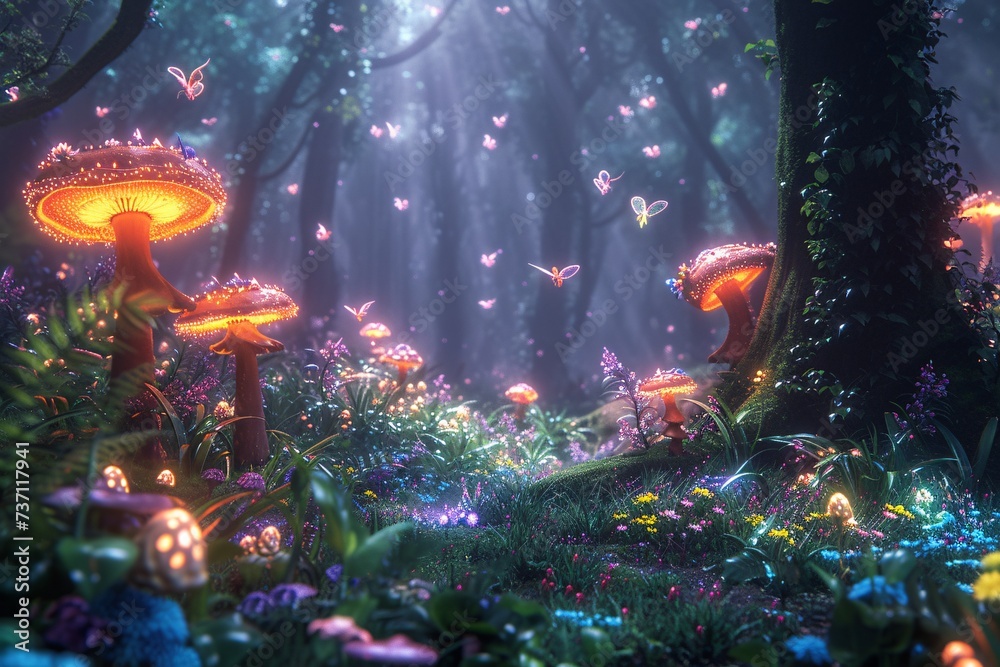 Obraz premium Fantasy Forest A Magical Nighttime Adventure Generative AI