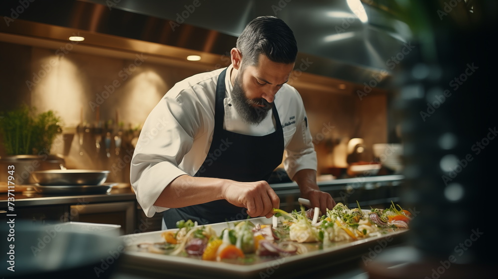 top chefs gracefully cooking in restaurant kitchen, photography from best ingredients top chefs gracefully cooking in restaurant kitchen, photography from best ingredients